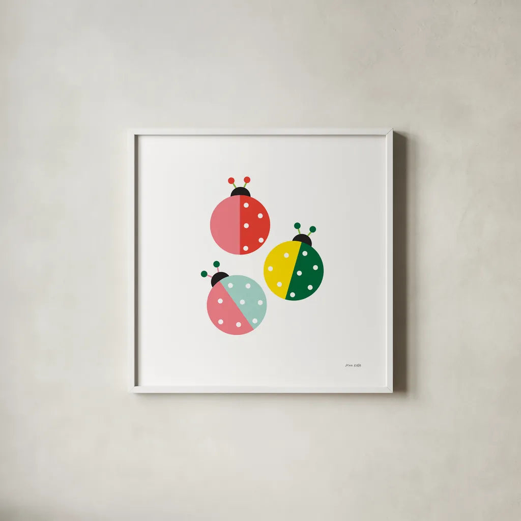 Ladybugs Three by Ann Kelle. Shown in a crisp white glass frame for a clean and minimalist style. Available as an archival giclee rolled canvas, fine art paper, or poster print. SKU 55586a.