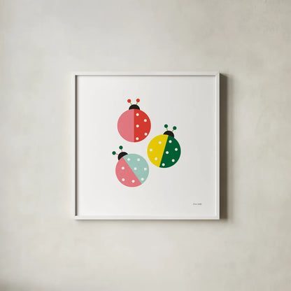 Ladybugs Three by Ann Kelle. Shown in a crisp white glass frame for a clean and minimalist style. Available as an archival giclee rolled canvas, fine art paper, or poster print. SKU 55586a.
