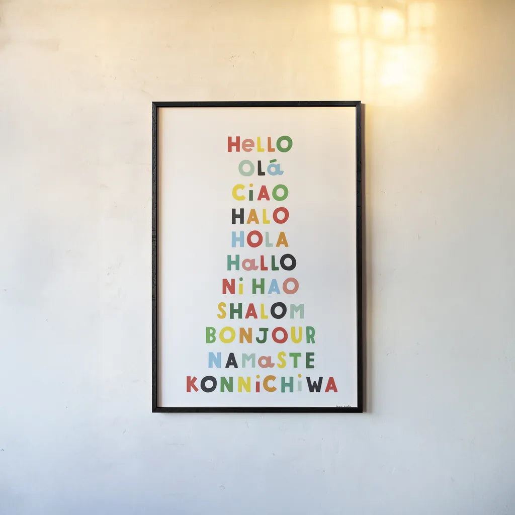 Language of Hellos by Ann Kelle. shown as a paper print in a black flame. Available as a archival giclee rolled canvas, fine art paper, or poster print. SKU 67460h.