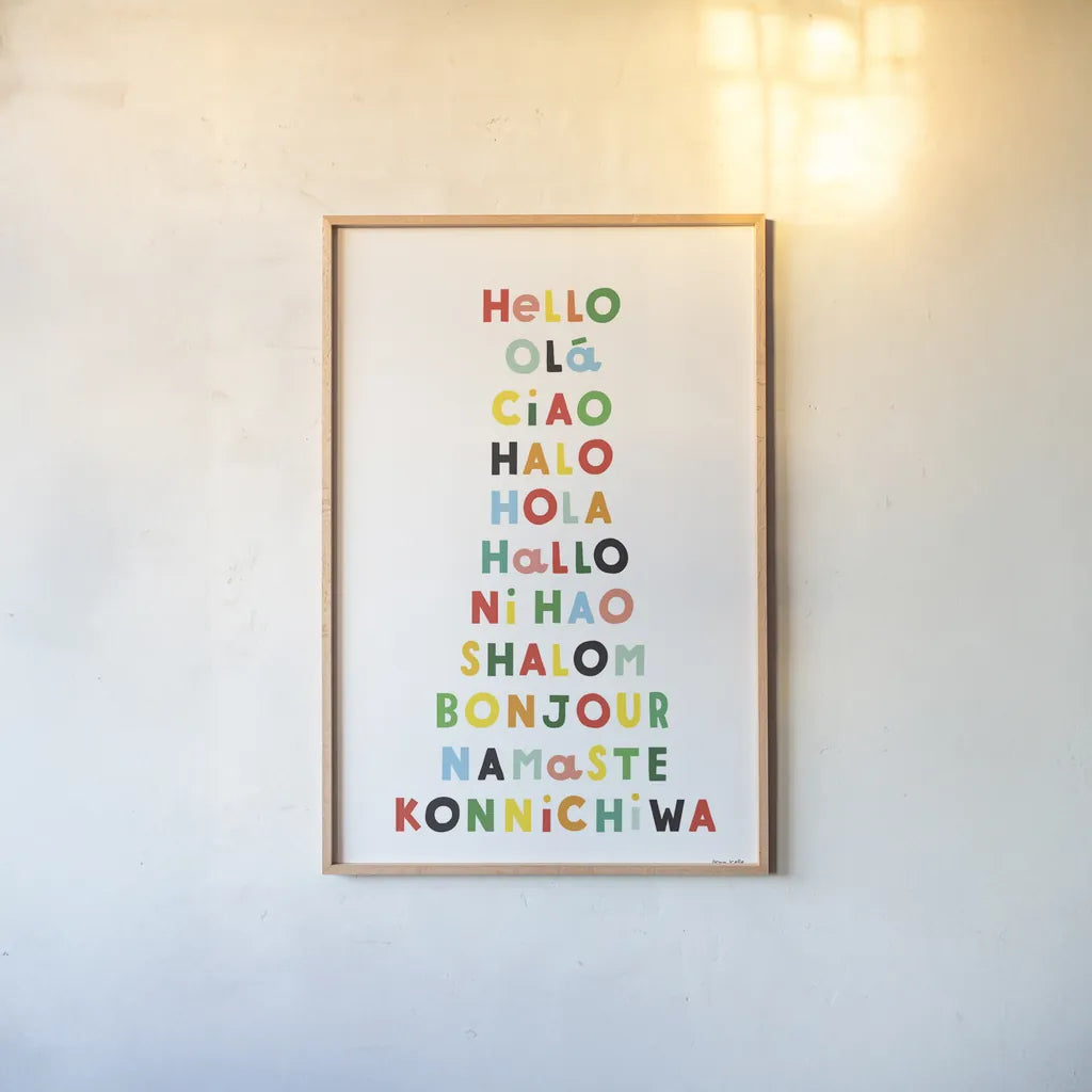 Language of Hellos by Ann Kelle. shown as a paper print in a natural frame. Available as a archival giclee rolled canvas, fine art paper, or poster print. SKU 67460h.