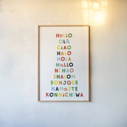 Language of Hellos by Ann Kelle. shown as a paper print in a natural frame. Available as a archival giclee rolled canvas, fine art paper, or poster print. SKU 67460h.