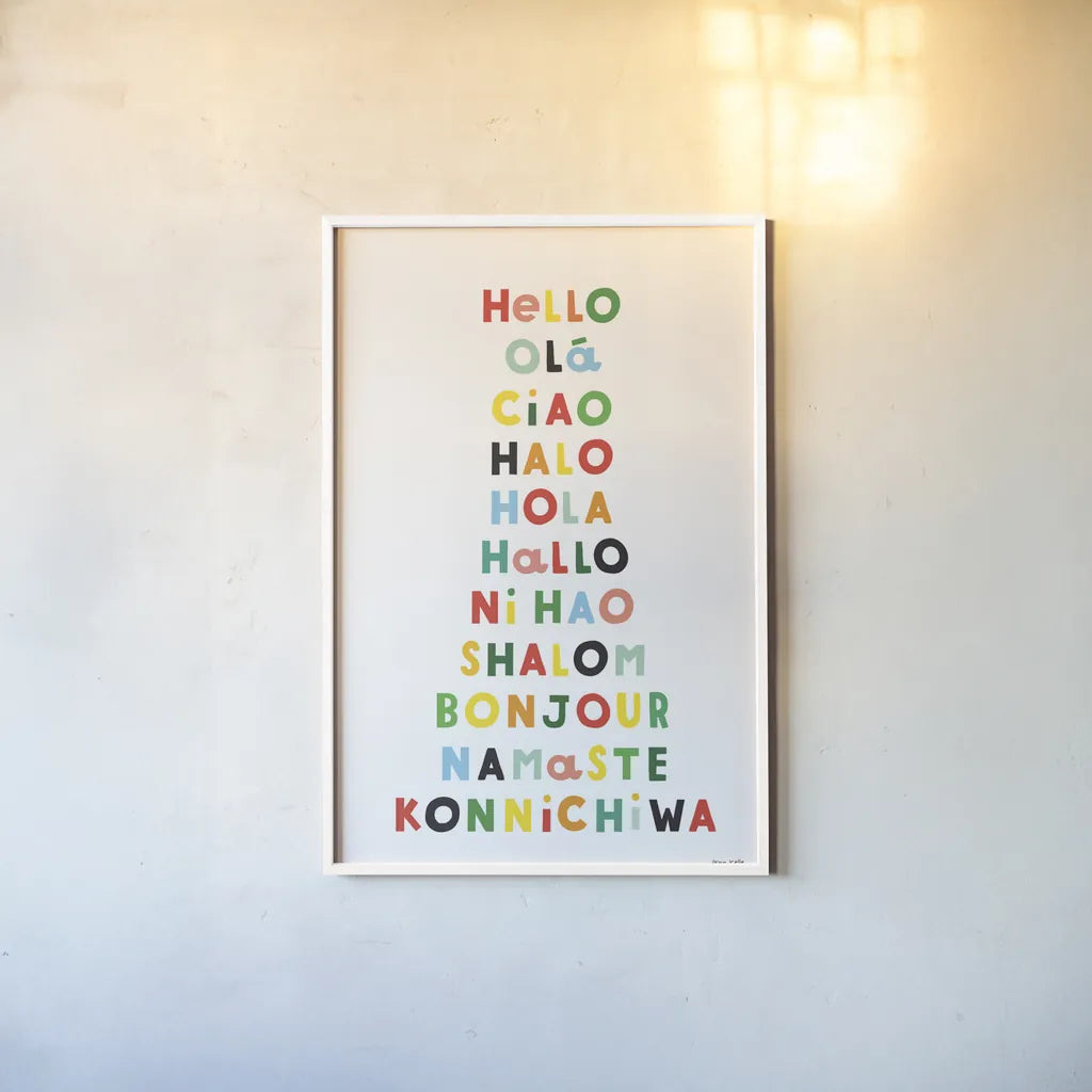 Language of Hellos by Ann Kelle. shown as a paper print in a white frame. Available as a archival giclee rolled canvas, fine art paper, or poster print. SKU 67460h.