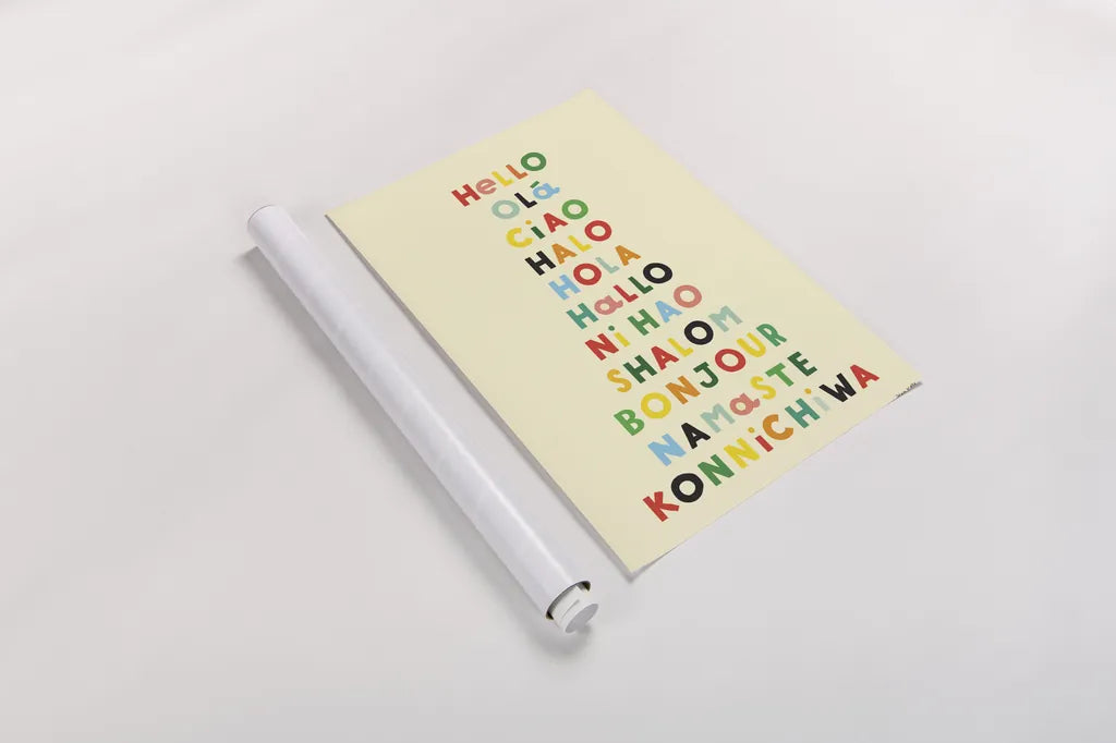 Language of Hellos Yellow by Ann Kelle. shown as a rolled paper print. Available as archival giclee rolled canvas, fine art paper, or poster print. SKU 73427h.