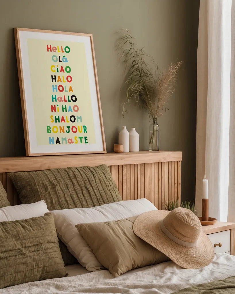 Language of Hellos Yellow by Ann Kelle. shown as a paper print in a natural frame. Available as a archival giclee rolled canvas, fine art paper, or poster print. SKU 73427h.