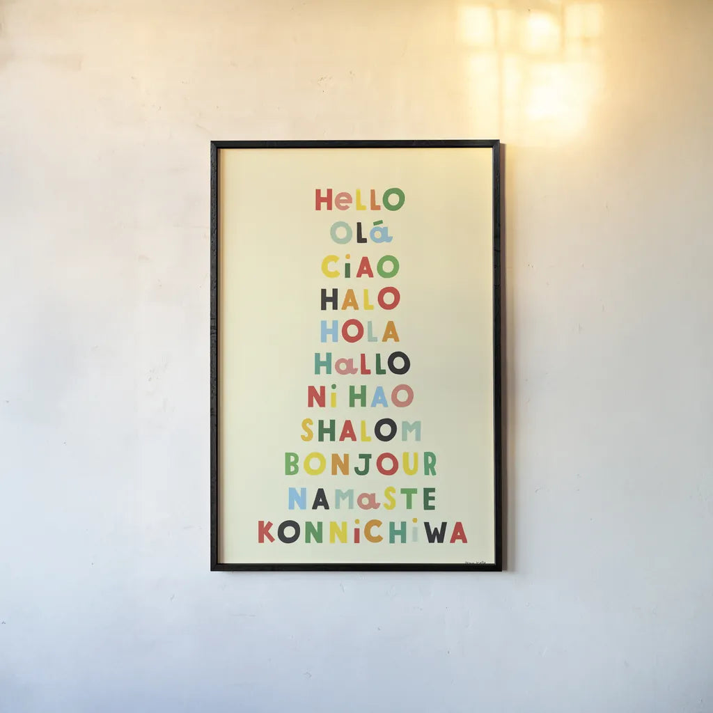 Language of Hellos Yellow by Ann Kelle. shown as a paper print in a black flame. Available as a archival giclee rolled canvas, fine art paper, or poster print. SKU 73427h.