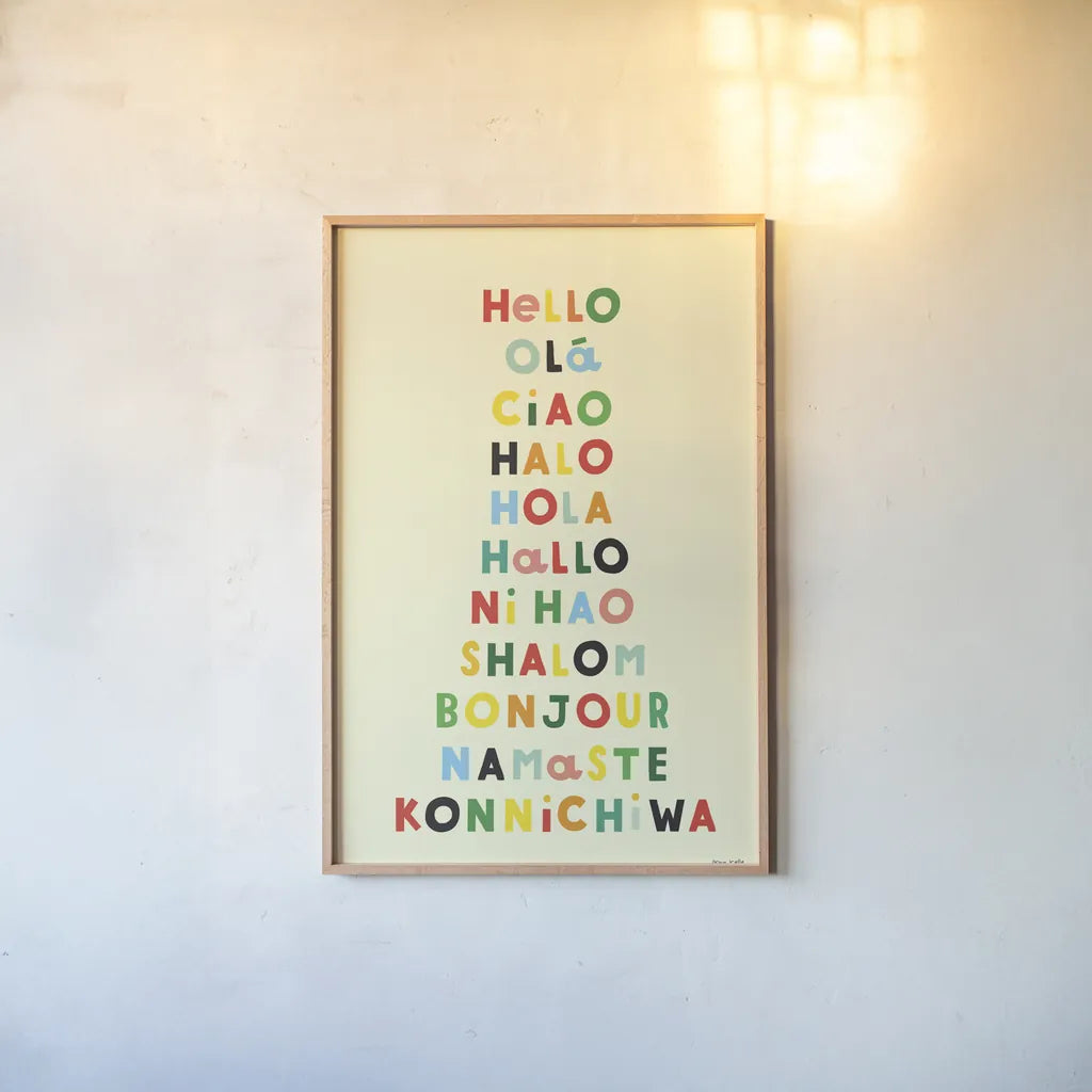 Language of Hellos Yellow by Ann Kelle. shown as a paper print in a natural frame. Available as a archival giclee rolled canvas, fine art paper, or poster print. SKU 73427h.