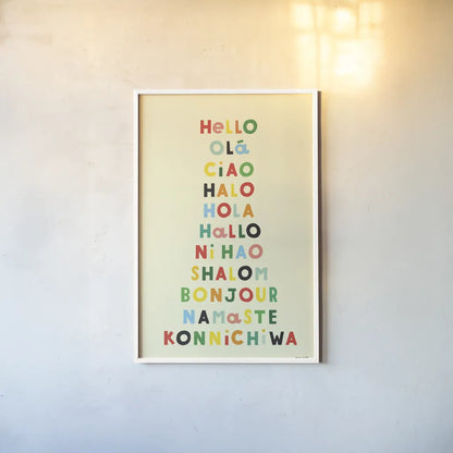 Language of Hellos Yellow by Ann Kelle. shown as a paper print in a white frame. Available as a archival giclee rolled canvas, fine art paper, or poster print. SKU 73427h.