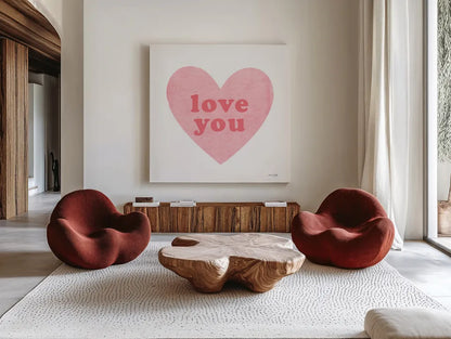 Love Heart by Ann Kelle. Shown as extra-large giant wall art in a modern living room. Available as an archival giclee rolled canvas, fine art paper, or poster print. SKU 55610a.