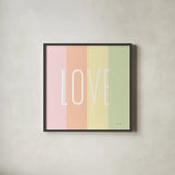 Love Rainbow by Ann Kelle. Shown in a sleek black glass frame for a contemporary gallery look. Available as an archival giclee rolled canvas, fine art paper, or poster print. SKU 55604a.