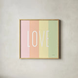 Love Rainbow by Ann Kelle. Shown in a natural wood glass frame for a timeless modern aesthetic. Available as an archival giclee rolled canvas, fine art paper, or poster print. SKU 55604a.