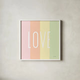 Love Rainbow by Ann Kelle. Shown in a crisp white glass frame for a clean and minimalist style. Available as an archival giclee rolled canvas, fine art paper, or poster print. SKU 55604a.