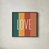 Love Rainbow Retro by Ann Kelle. Shown in a sleek black glass frame for a contemporary gallery look. Available as an archival giclee rolled canvas, fine art paper, or poster print. SKU 56932a.