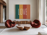 Love Rainbow Retro by Ann Kelle. Shown as extra-large giant wall art in a modern living room. Available as an archival giclee rolled canvas, fine art paper, or poster print. SKU 56932a.