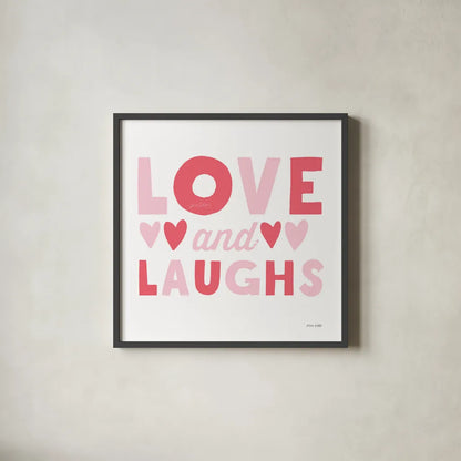Love and Laughs Pink by Ann Kelle. Shown in a sleek black glass frame for a contemporary gallery look. Available as an archival giclee rolled canvas, fine art paper, or poster print. SKU 55602a.