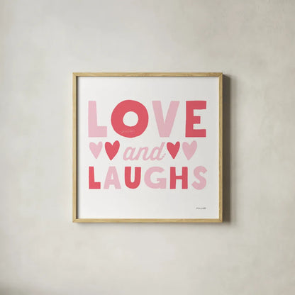 Love and Laughs Pink by Ann Kelle. Shown in a natural wood glass frame for a timeless modern aesthetic. Available as an archival giclee rolled canvas, fine art paper, or poster print. SKU 55602a.