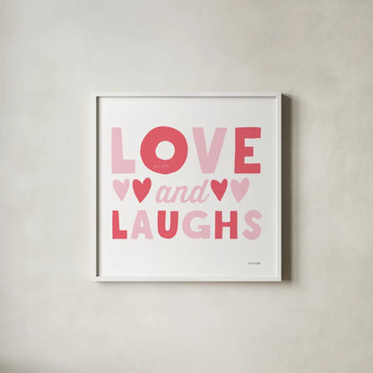 Love and Laughs Pink by Ann Kelle. Shown in a crisp white glass frame for a clean and minimalist style. Available as an archival giclee rolled canvas, fine art paper, or poster print. SKU 55602a.