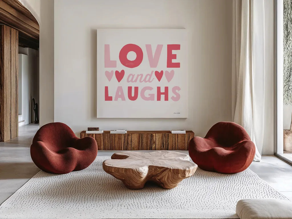 Love and Laughs Pink by Ann Kelle. Shown as extra-large giant wall art in a modern living room. Available as an archival giclee rolled canvas, fine art paper, or poster print. SKU 55602a.
