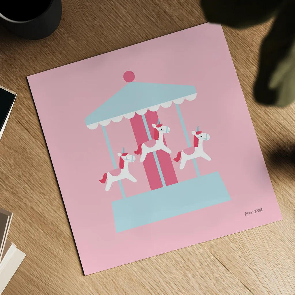 Merry Go Round by Ann Kelle. Shown as a detailed flat fine art print, highlighting archival giclee quality. Available as an archival giclee rolled canvas, fine art paper, or poster print. SKU 56462a.