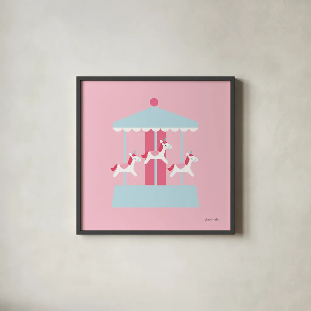 Merry Go Round by Ann Kelle. Shown in a sleek black glass frame for a contemporary gallery look. Available as an archival giclee rolled canvas, fine art paper, or poster print. SKU 56462a.