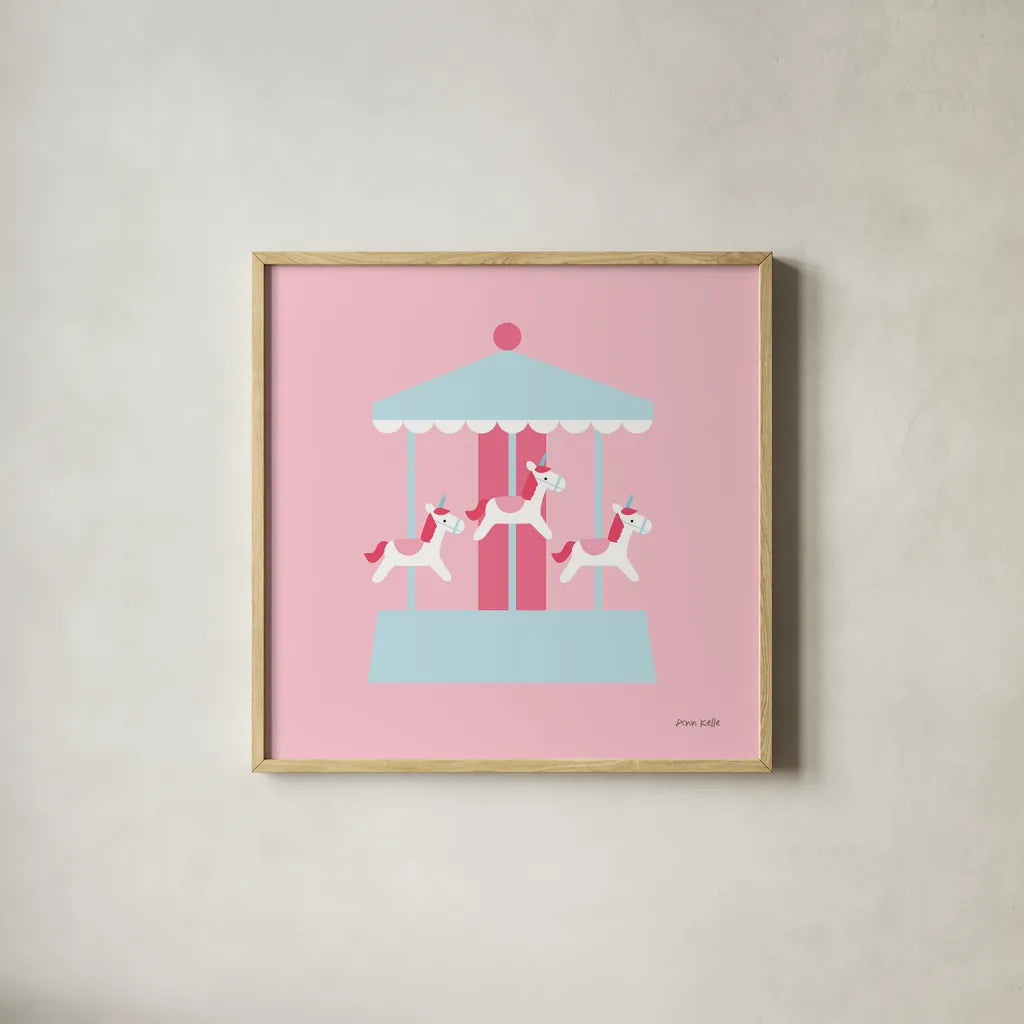 Merry Go Round by Ann Kelle. Shown in a natural wood glass frame for a timeless modern aesthetic. Available as an archival giclee rolled canvas, fine art paper, or poster print. SKU 56462a.