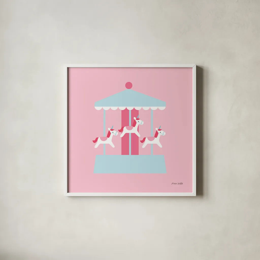 Merry Go Round by Ann Kelle. Shown in a crisp white glass frame for a clean and minimalist style. Available as an archival giclee rolled canvas, fine art paper, or poster print. SKU 56462a.