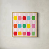 Nail Polish Fun by Ann Kelle. Shown in a natural wood glass frame for a timeless modern aesthetic. Available as an archival giclee rolled canvas, fine art paper, or poster print. SKU 56428a.