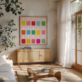 Nail Polish Fun by Ann Kelle. Shown in a natural wood frame in a cozy modern living room. Available as an archival giclee rolled canvas, fine art paper, or poster print. SKU 56428a.