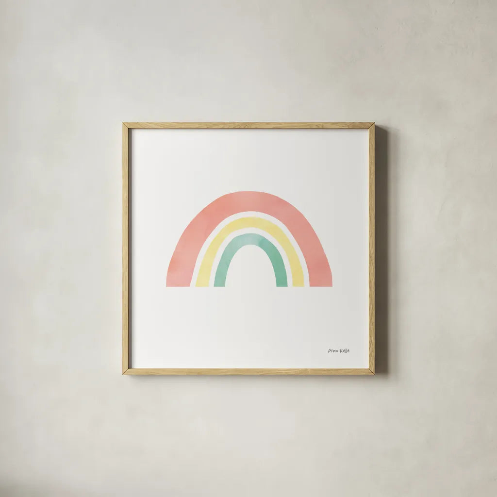 Pastel Rainbow I by Ann Kelle. Shown in a natural wood glass frame for a timeless modern aesthetic. Available as an archival giclee rolled canvas, fine art paper, or poster print. SKU 56496a.