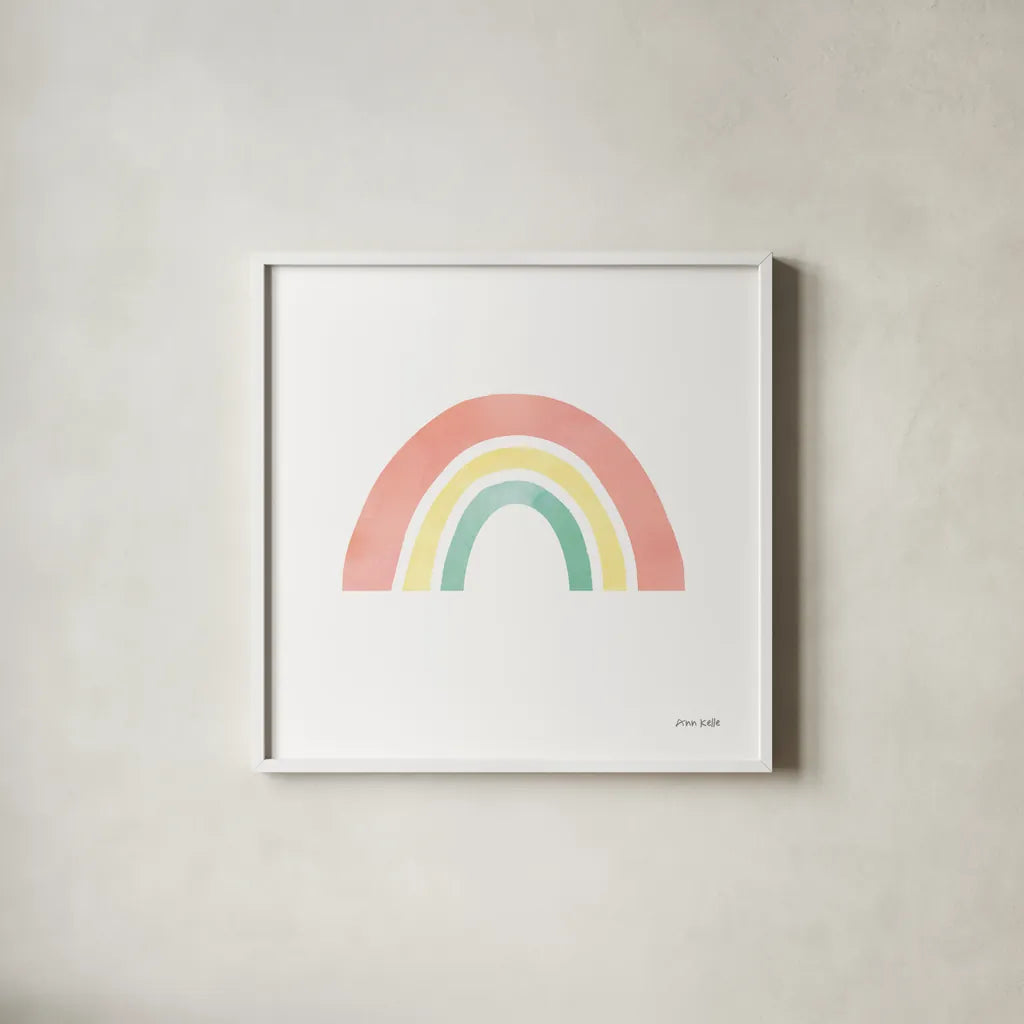 Pastel Rainbow I by Ann Kelle. Shown in a crisp white glass frame for a clean and minimalist style. Available as an archival giclee rolled canvas, fine art paper, or poster print. SKU 56496a.
