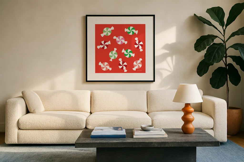 Peppermint by Ann Kelle. Displayed in a glass frame with matte in a clean modern living room. Available as an archival giclee rolled canvas, fine art paper, or poster print. SKU 81233a.