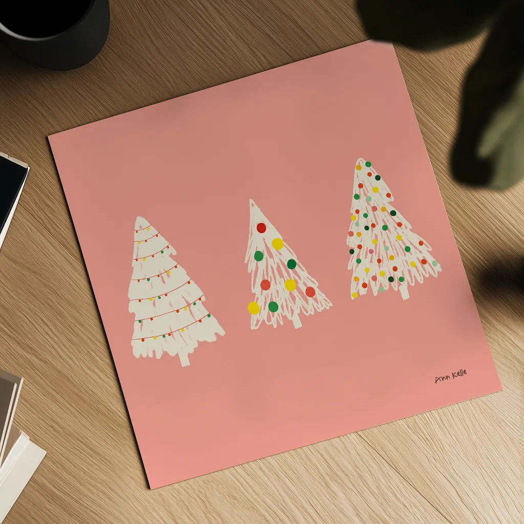 Pink Trees by Ann Kelle. Shown as a detailed flat fine art print, highlighting archival giclee quality. Available as an archival giclee rolled canvas, fine art paper, or poster print. SKU 81234a.