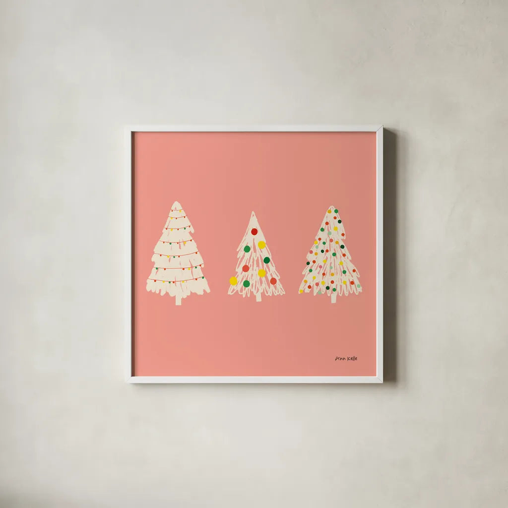 Pink Trees by Ann Kelle. Shown in a crisp white glass frame for a clean and minimalist style. Available as an archival giclee rolled canvas, fine art paper, or poster print. SKU 81234a.
