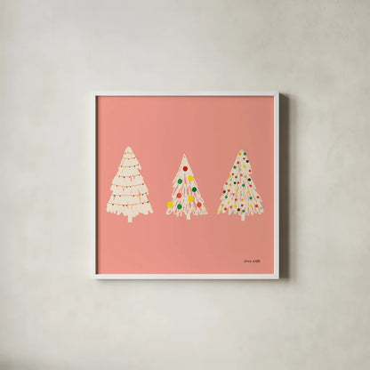 Pink Trees by Ann Kelle. Shown in a crisp white glass frame for a clean and minimalist style. Available as an archival giclee rolled canvas, fine art paper, or poster print. SKU 81234a.