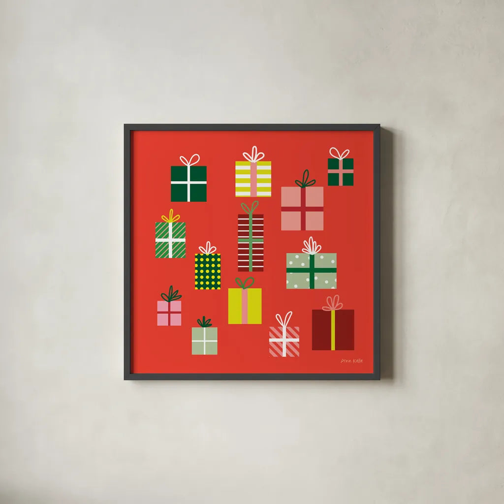 Presents by Ann Kelle. Shown in a sleek black glass frame for a contemporary gallery look. Available as an archival giclee rolled canvas, fine art paper, or poster print. SKU 81235a.