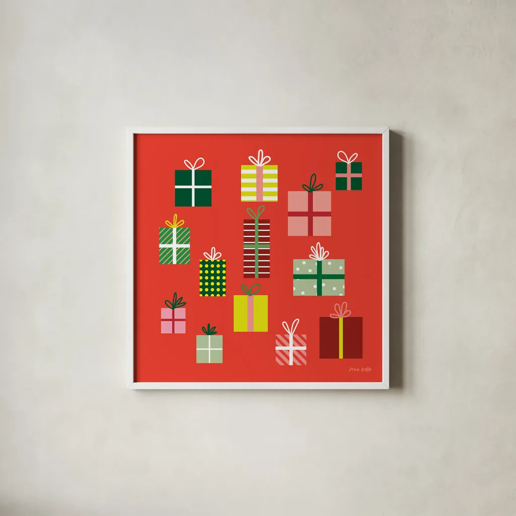 Presents by Ann Kelle. Shown in a crisp white glass frame for a clean and minimalist style. Available as an archival giclee rolled canvas, fine art paper, or poster print. SKU 81235a.