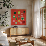 Presents by Ann Kelle. Shown in a natural wood frame in a cozy modern living room. Available as an archival giclee rolled canvas, fine art paper, or poster print. SKU 81235a.