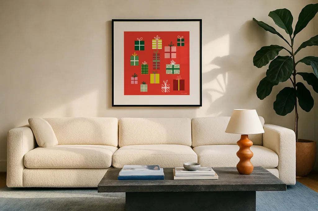 Presents by Ann Kelle. Displayed in a glass frame with matte in a clean modern living room. Available as an archival giclee rolled canvas, fine art paper, or poster print. SKU 81235a.