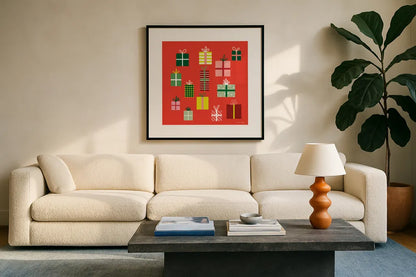 Presents by Ann Kelle. Displayed in a glass frame with matte in a clean modern living room. Available as an archival giclee rolled canvas, fine art paper, or poster print. SKU 81235a.