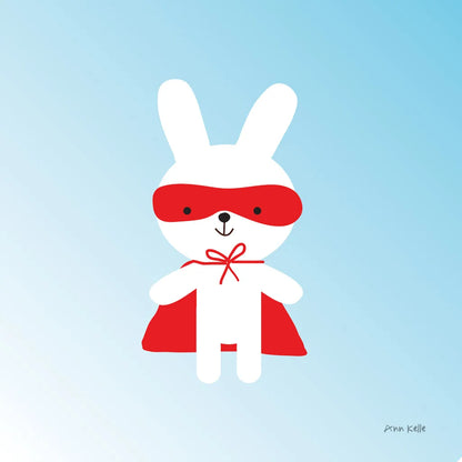 Rabbit Super Hero by Ann Kelle. SKU 55595a. Archival Giclee Fine art print for wall decor.