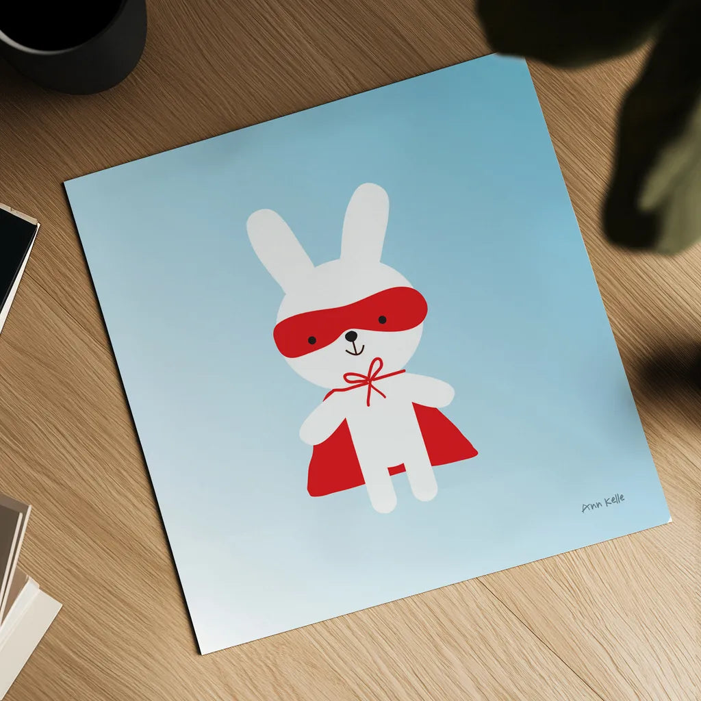 Rabbit Super Hero by Ann Kelle. Shown as a detailed flat fine art print, highlighting archival giclee quality. Available as an archival giclee rolled canvas, fine art paper, or poster print. SKU 55595a.