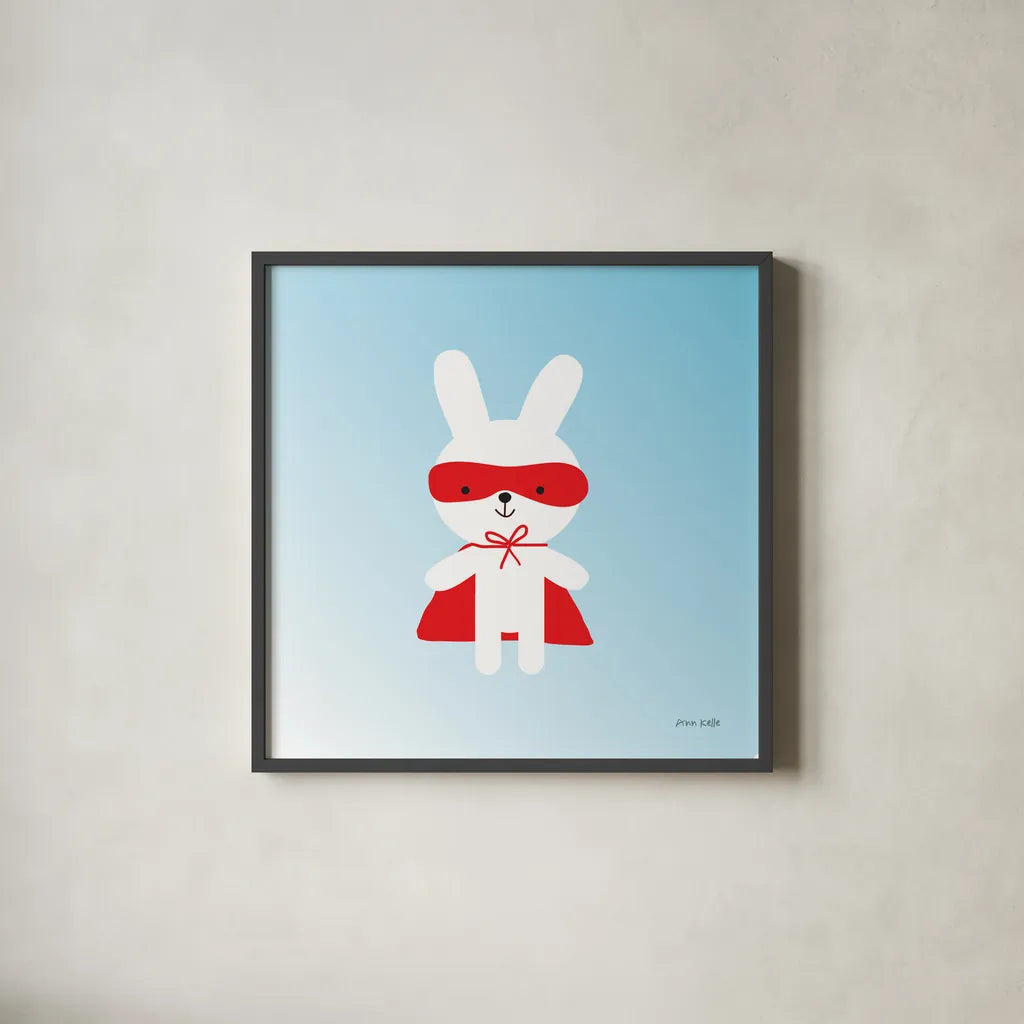 Rabbit Super Hero by Ann Kelle. Shown in a sleek black glass frame for a contemporary gallery look. Available as an archival giclee rolled canvas, fine art paper, or poster print. SKU 55595a.