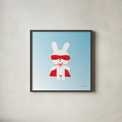Rabbit Super Hero by Ann Kelle. Shown in a sleek black glass frame for a contemporary gallery look. Available as an archival giclee rolled canvas, fine art paper, or poster print. SKU 55595a.