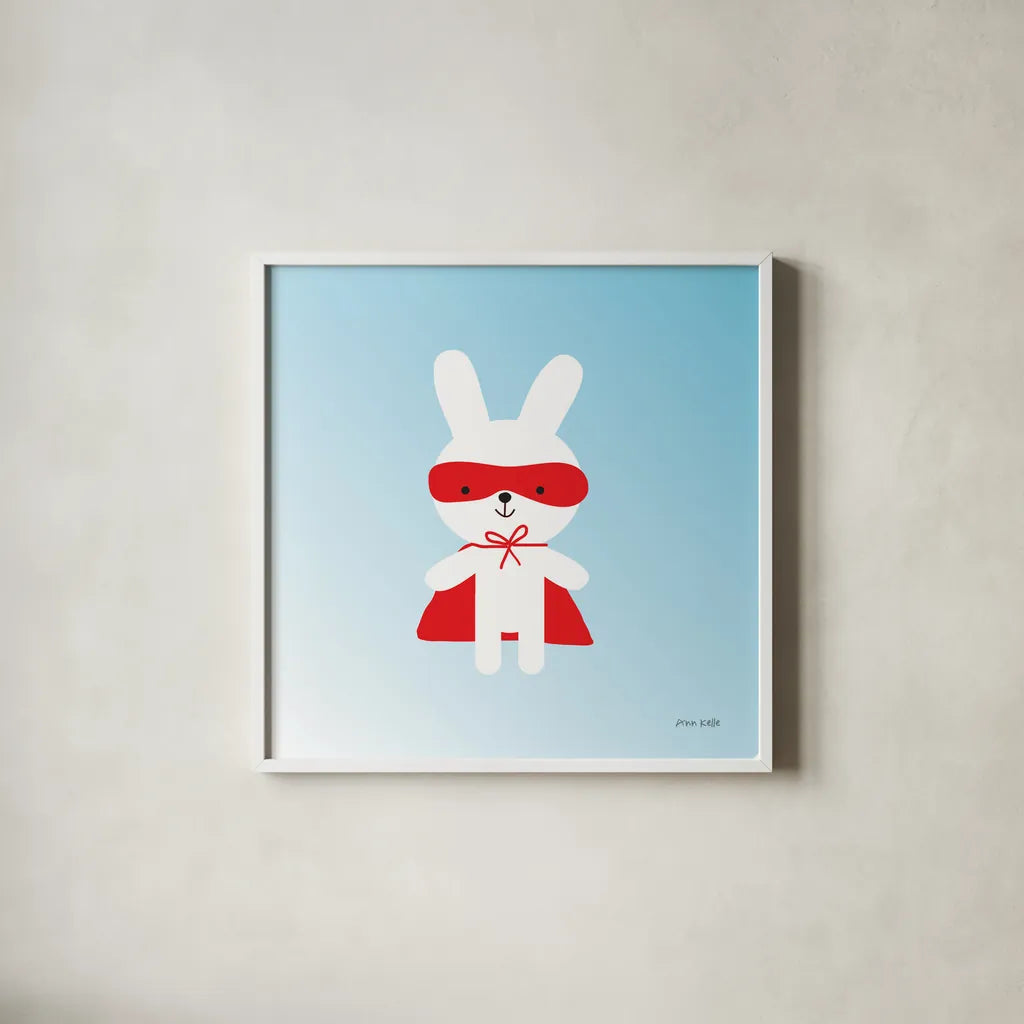 Rabbit Super Hero by Ann Kelle. Shown in a crisp white glass frame for a clean and minimalist style. Available as an archival giclee rolled canvas, fine art paper, or poster print. SKU 55595a.