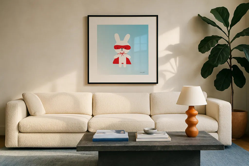 Rabbit Super Hero by Ann Kelle. Displayed in a glass frame with matte in a clean modern living room. Available as an archival giclee rolled canvas, fine art paper, or poster print. SKU 55595a.