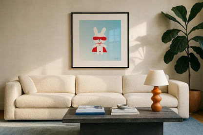 Rabbit Super Hero by Ann Kelle. Displayed in a glass frame with matte in a clean modern living room. Available as an archival giclee rolled canvas, fine art paper, or poster print. SKU 55595a.