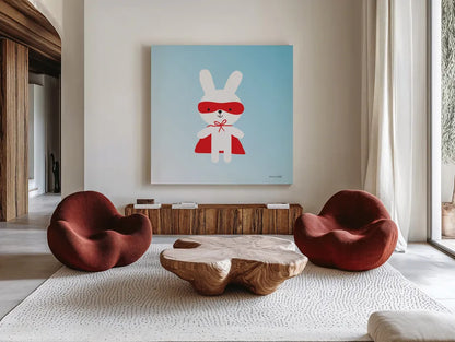 Rabbit Super Hero by Ann Kelle. Shown as extra-large giant wall art in a modern living room. Available as an archival giclee rolled canvas, fine art paper, or poster print. SKU 55595a.