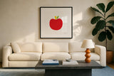 Red Apple by Ann Kelle. Displayed in a glass frame with matte in a clean modern living room. Available as an archival giclee rolled canvas, fine art paper, or poster print. SKU 55613a.