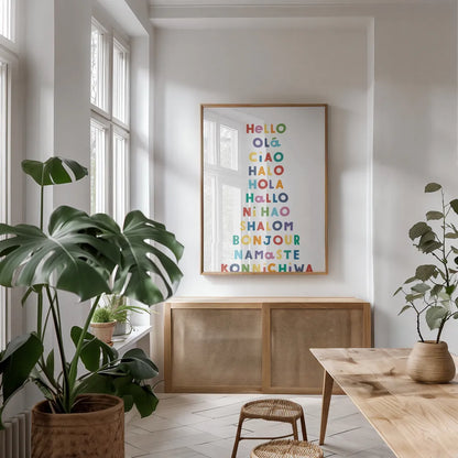 Say Hello by Ann Kelle. shown as a print in a natural wood frame in a dining room. Available as a archival giclee rolled canvas, fine art paper, or poster print. SKU 68927h.