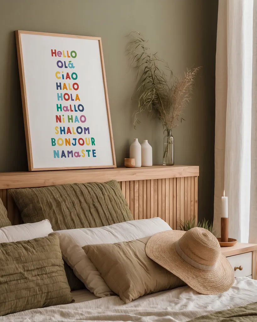 Say Hello by Ann Kelle. shown as a paper print in a natural frame. Available as a archival giclee rolled canvas, fine art paper, or poster print. SKU 68927h.