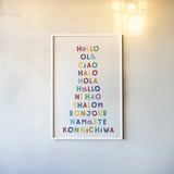 Say Hello by Ann Kelle. shown as a paper print in a white frame. Available as a archival giclee rolled canvas, fine art paper, or poster print. SKU 68927h.